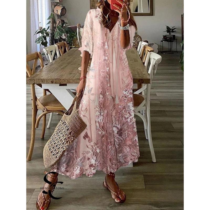 Floral printing V-neck casual loose short-sleeved long skirt women s 2026 summer new slim skirt S