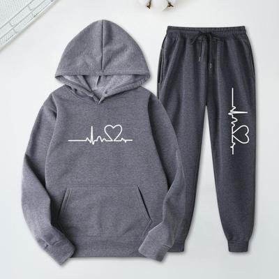 2Pcs/Set Men Women Sports Suit Hooded Long Sleeve Tops Elastic Drawstring Waist Sweatpants with Pockets Set Heartbeat Print Leis