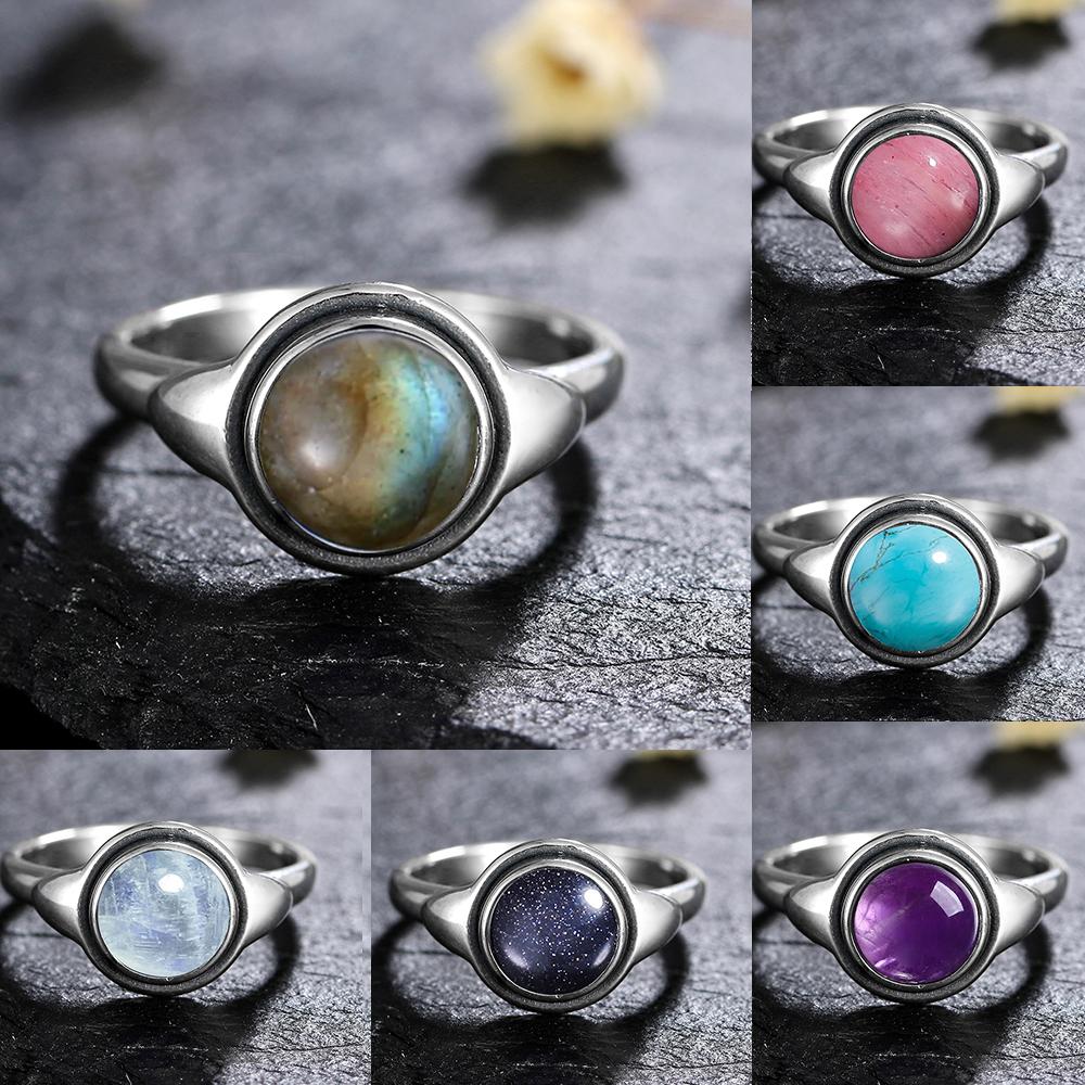 S Silver Ring for Women 8MM Oval Natural Moonstone Turquoise Laqbradorite Rhodochrosite Gift Party