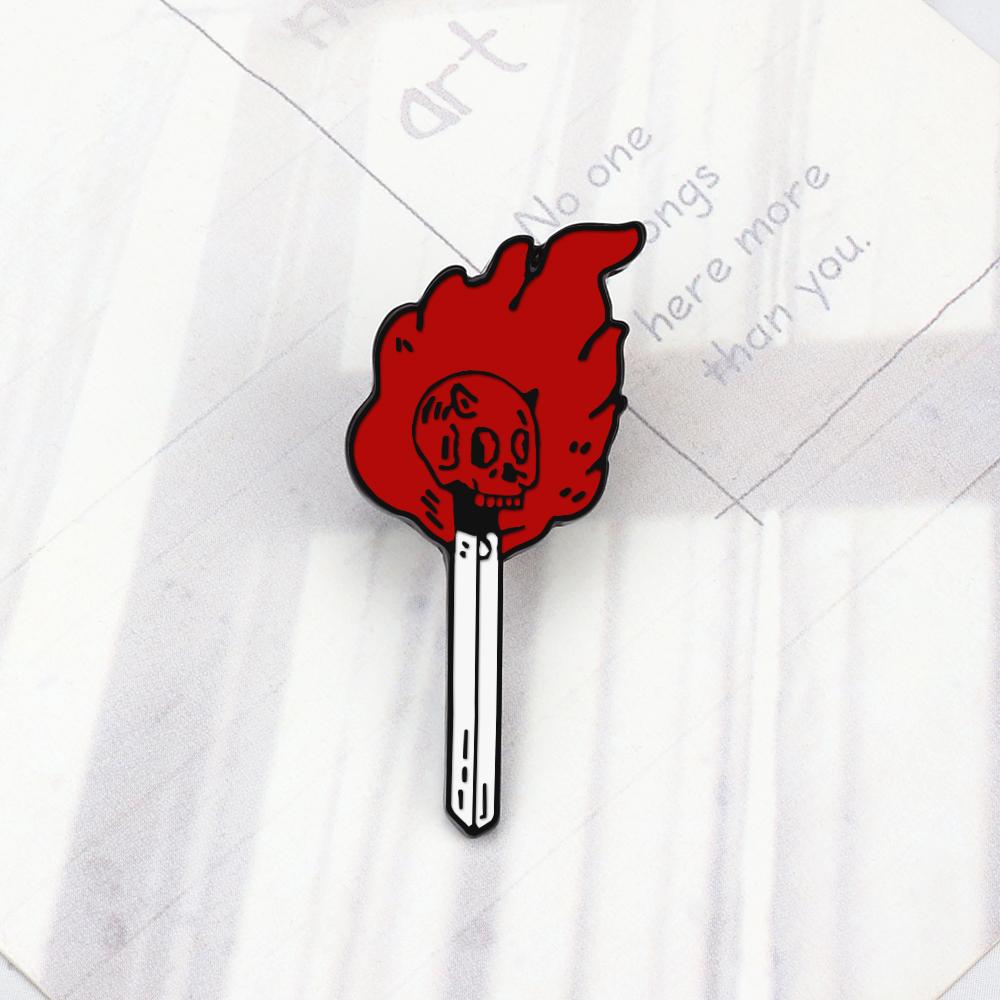 Burning Match Flame Stick Brooch Punk Skull Fire Magical Wand Enamel Pin Gothic Badge Cloth Bag Lapel Pins Jewelry Friends Gifts