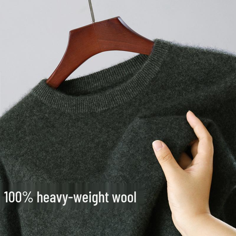 Men's 100% Wool Round Neck Loose Casual Sweater - Thickened Long Sleeve Knitwear