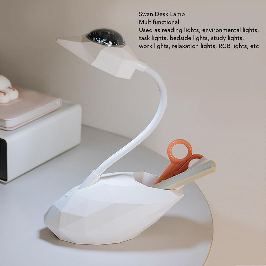 Swan Projection Desk Lamp USB Charging Night Light Eye Caring Adjustable Flexible Gooseneck Reading Lamp Decor Aesthetics for Home Office