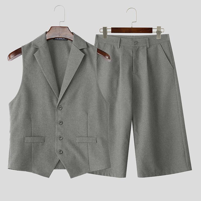 

INCERUN Two-piece Suits Men Sleeveless Thin Waistcoat and Cropped Pants Sets 2XL серый