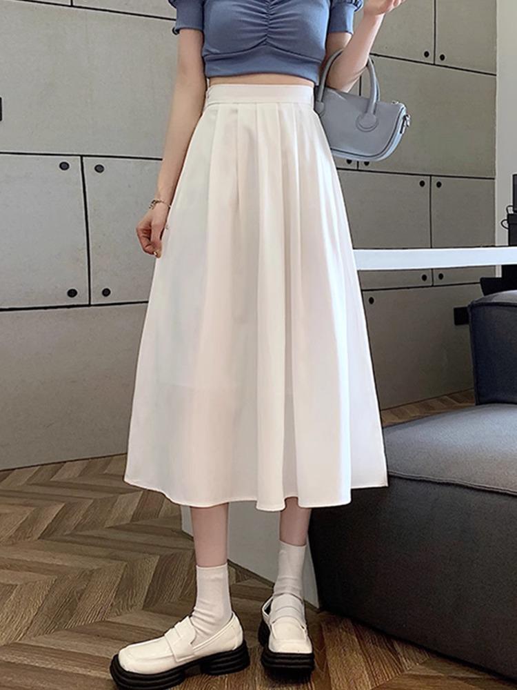 

Women s Black High-Waist Pleated Slimming Midi A-line Skirt S бежевый