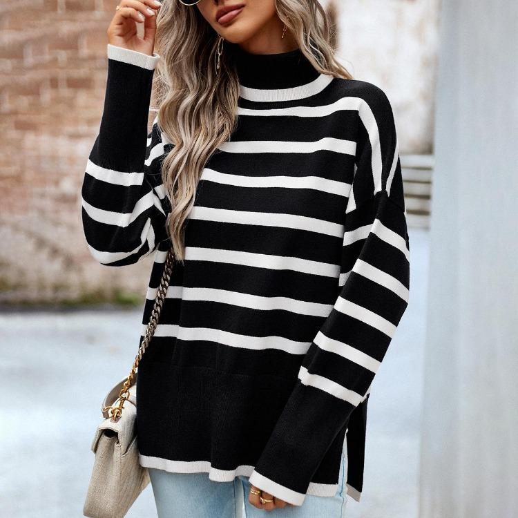 Fashion Women Casual Loose High Neck Striped Knitted Sweater Top Autumn Winter New