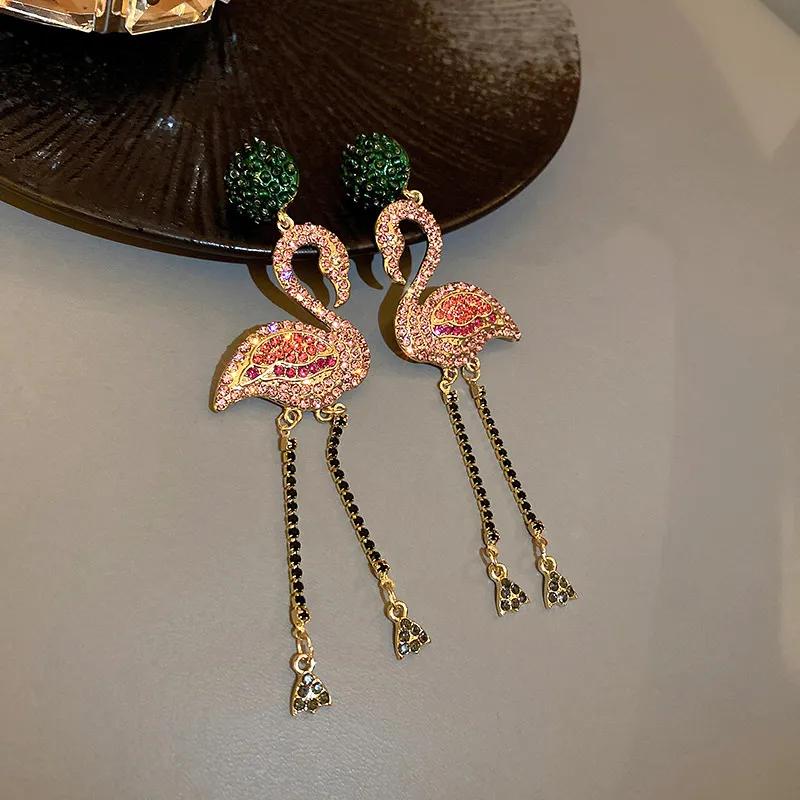 Pink Birds Crystal Earrings for Women Bijoux Long Tassel Rhinestone Dangle Earrings Statement Zircon