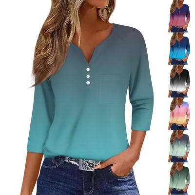 Ladies Casual Fashion V-neck Loose Versatile Gradient Print Three-quarter Sleeves