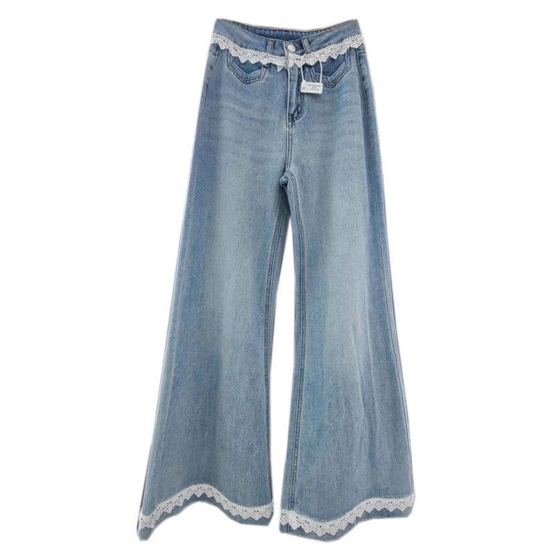 Women's Plus Size High Waist Lace Trim Patchwork Wide Leg Jeans