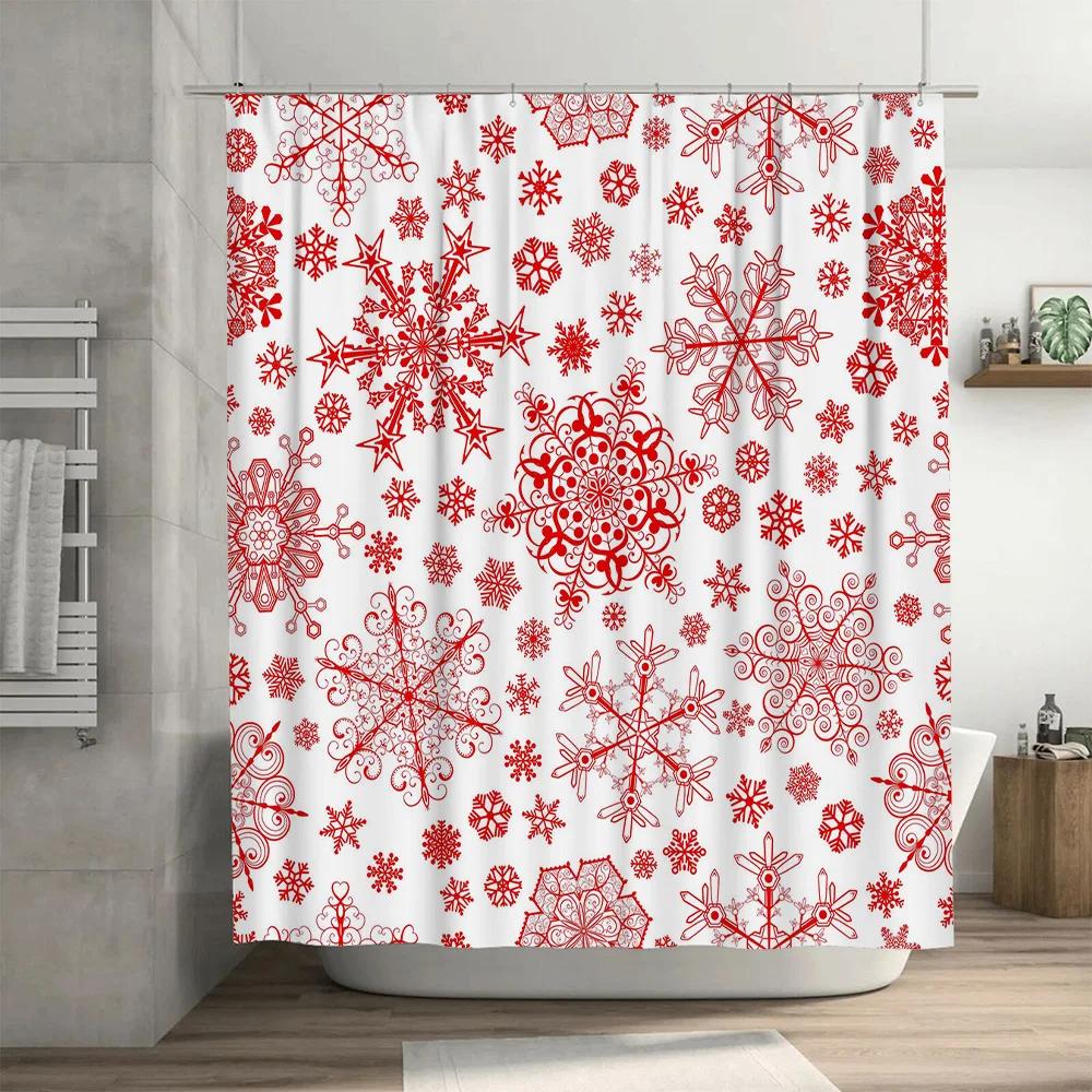 Red Snowflake Shower Curtain Home Decor Bathroom Waterproof Fabric Printing Washable Bathtub Rug White Floral Design