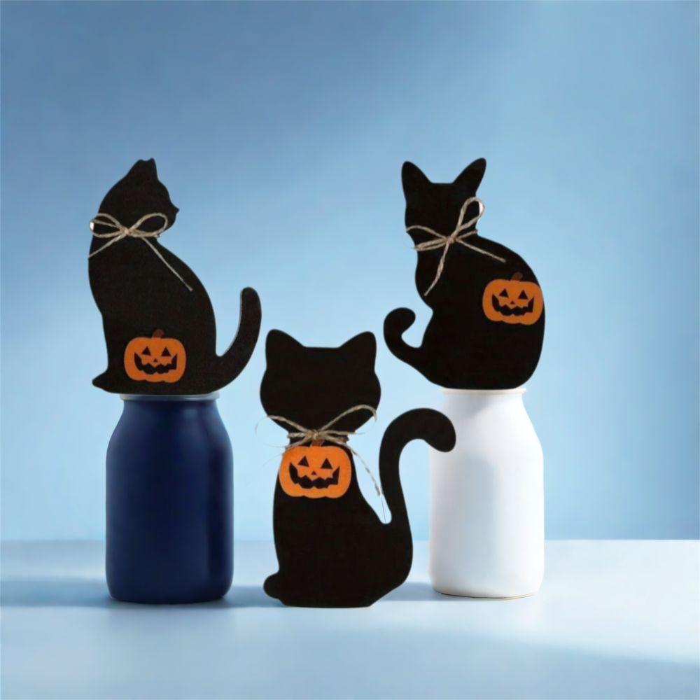 3pcs Vivid Halloween Black Cat Ornament Wooden Animal Statue Funny Cat Sculpture  Cabinet