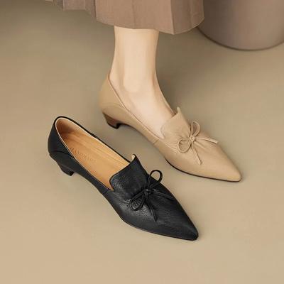 Phoentin scarpe nere eleganti da ufficio da donna con punta e tacco medio 2025 nuove décolleté rétro in vera pelle