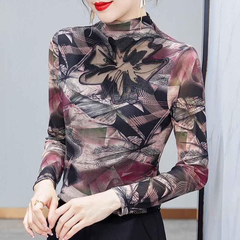 2025 Spring & Autumn Fashion Semi-High Neck Mesh Slimming Top for Moms