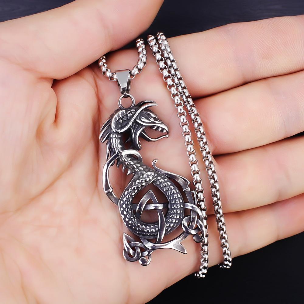 Viking Dragon Pattern Stainless Steel Necklace Bold Retro Fashion Jewelry
