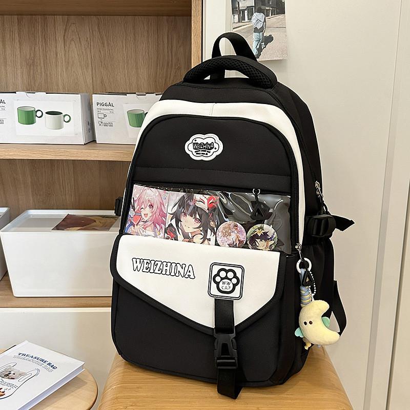 Color Blocked Fashionable Letter Printed Student Backpack With Pendant Daily For