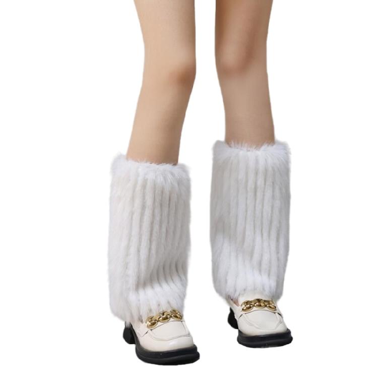 Women Ribbed Furry Leg Warmers Harajuku Winter Warm Plush Thickened Leggings Boot Cover Party Knee Length Leg Covers