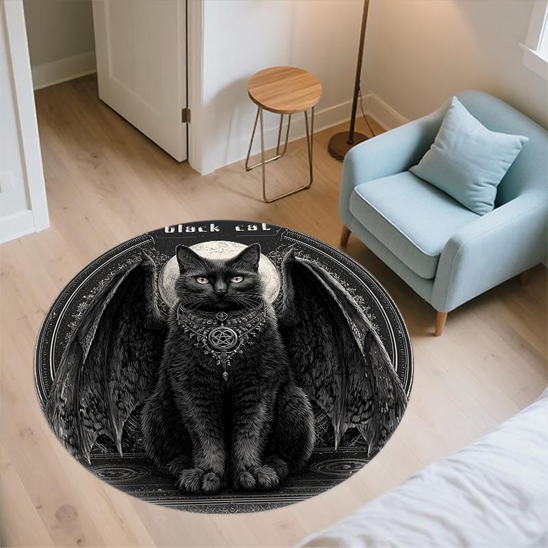 Winged Black Cat,Round Area Rug,Carpet Rug for Living Room Bedroom Sofa Playroom Decor,Non-slip Floor Mat