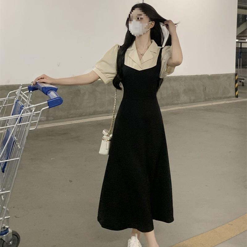 Temperament elegant style fake two-piece bubble sleeve dress female summer fat sister covering meat and showing thinness contrasting color A-shaped l