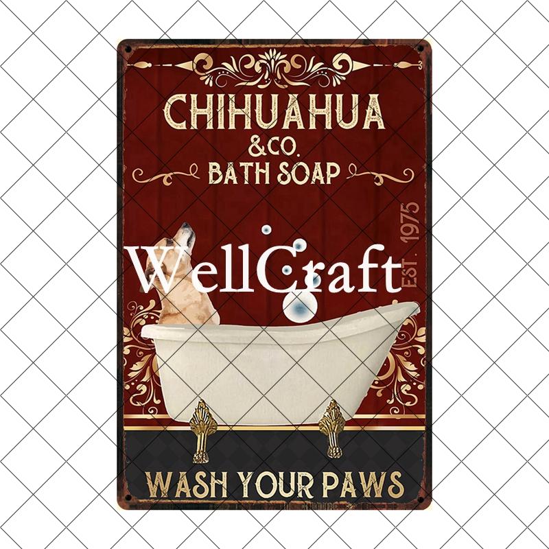 [ Wellcraft ] Chien Chihuahua Animal de Compagnie Sous la Douche Vin Bain Boutique Art Métal Étain Panneau Mur Poster Peinture Fer Pub D-04 20*30 CM