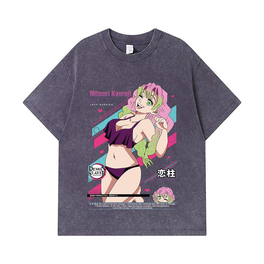 275 GSM Washed T-shirts 100% Cotton Demon Slayer V52 Mitsuri Waifu Print Unisex Heavy Cotton T Shirt