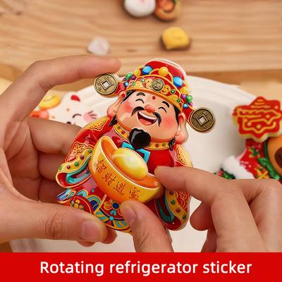 New Year Refrigerator Magnetic Sticker Rotatable Cartoon 3D God of Wealth Refrigerator Magnets Festive Lucky Cat Decoration