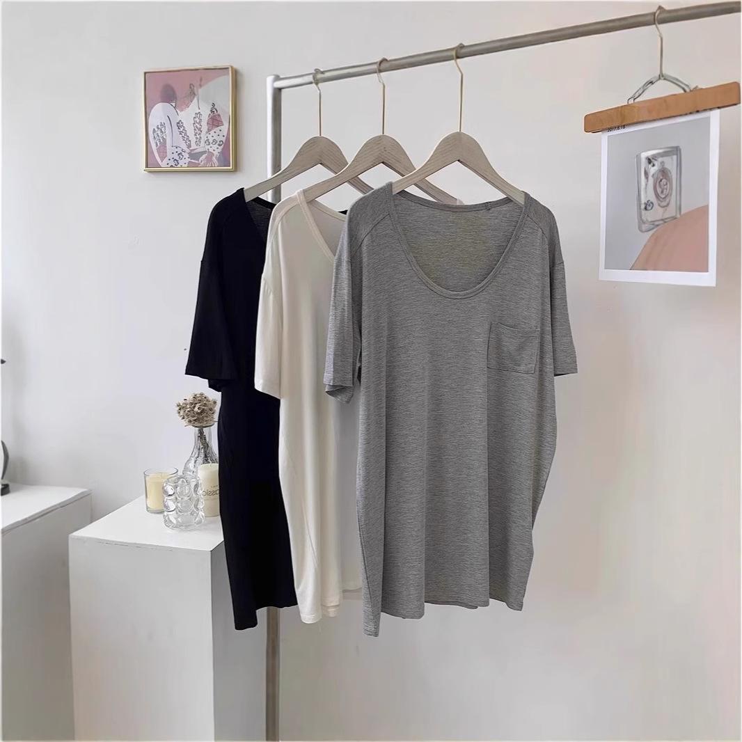 

Women s Modal Pocket T-Shirt: Large Round Neck, Solid Color, Slim Fit, Mid-Length, Casual Drape Style L