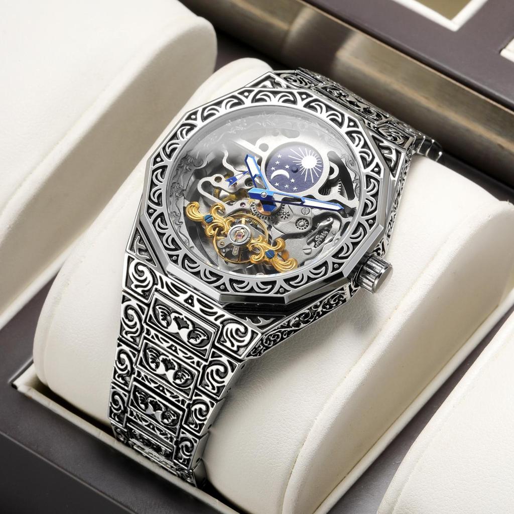 FORSINING Mens Luxury Engraving Wrist Watches Unique Tattoo Pattern Carved Stainless Steel Band Luminous Automatic Skeleton Watch