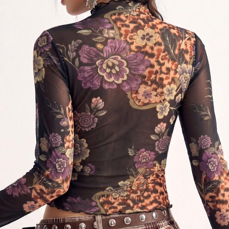 Women S Long Sleeve Floral Print Mesh Slim Fit T Shirt