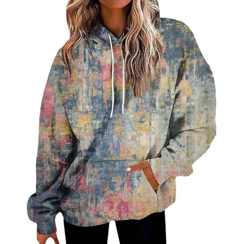 Womens Oversized Hooded Sweatshirt With 3D Print Graphic Loose Fit Long Sleeve Casual Top In Vintage Tie-Dye Style