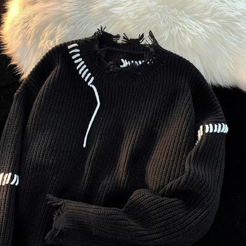 Amerikanischer High Street Pullover für Herren mit zerrissenem Rand und langen Ärmeln, Trendiges, Süßes und Cooles Design, Nischen-Paar-Stil, Lockerer und Vielseitiger Pullover