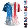 Damen Independence Day Print V-Ausschnitt Doppeltasche Kurzarm Uniform mit geschlitztem Saum - Pflegekraft Oberteil