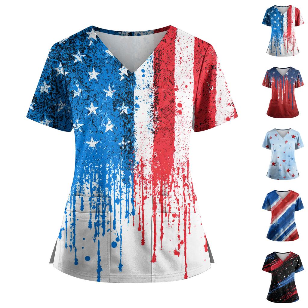 Women's Independence Day Print V-Neck Double Pocket Short Sleeve Uniform with Slit Hem - Caregiver Top