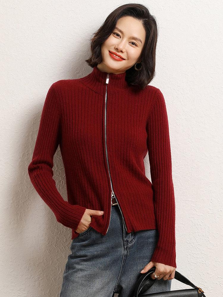 Women's Korean Style Cashmere Stand Collar Zipper Cardigan - Striped Slimming Knitwear for Autumn Winter