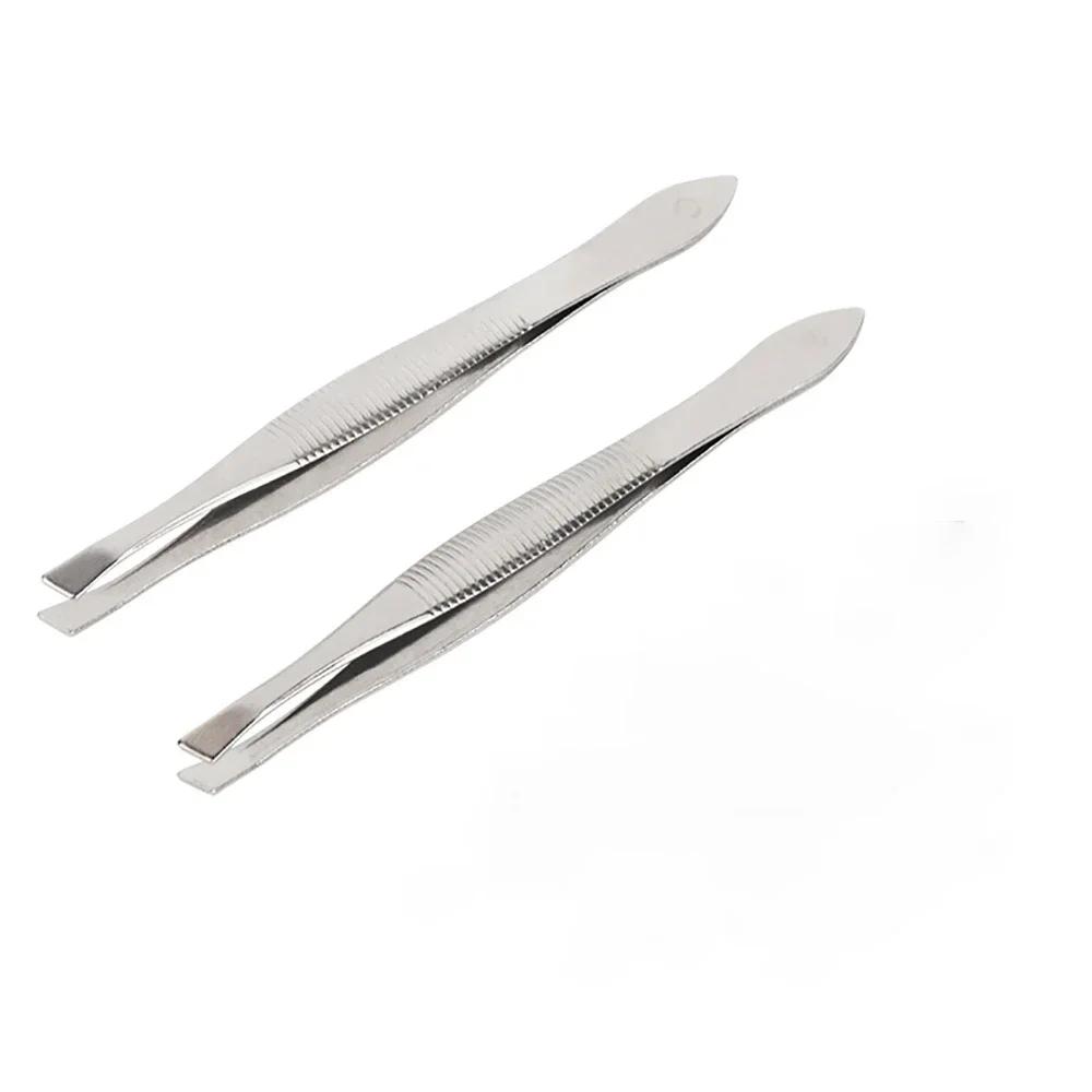 2pcs Portable Stainless Steel Eyebrow Tweezer Eyebrow Trimmer Shaper Facial Hair Remover Puller Slanted Tip Makeup Beauty Tools