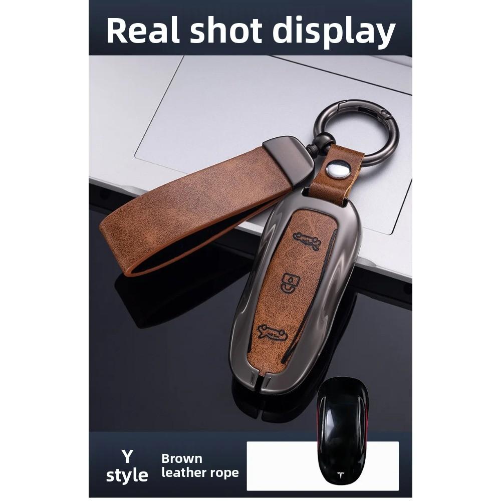 Car Zinc Alloy Leather Key Case Cover Holder for Tesla Model 3 Model S Model Y Model X Protector Keychain Interior Accessories