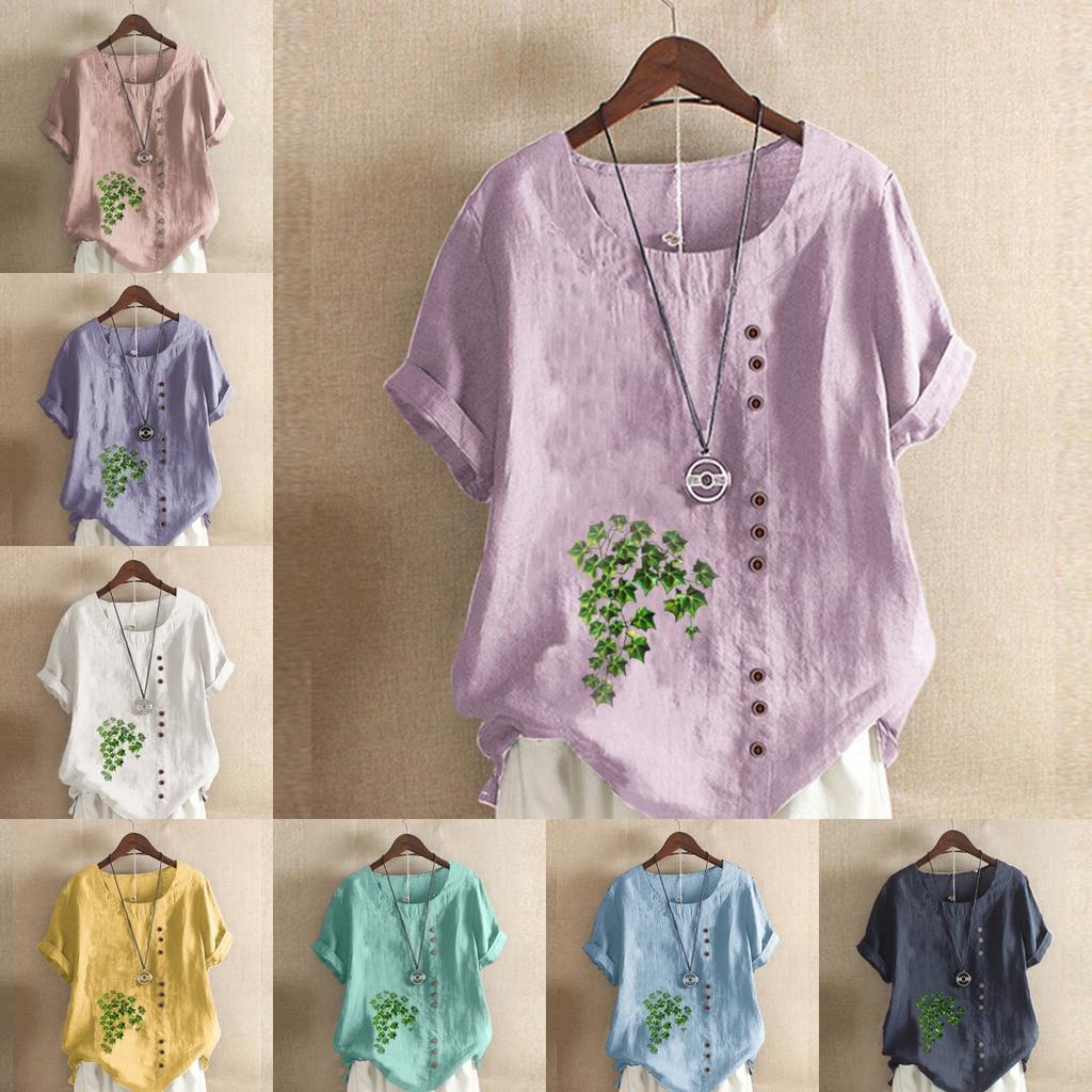 Women's Fashion Round Neck Short Sleeve T-shirt Casual Cotton Linen Graphic Shirt Leisure Loose Green Plants Prined Summer Blouse Tops