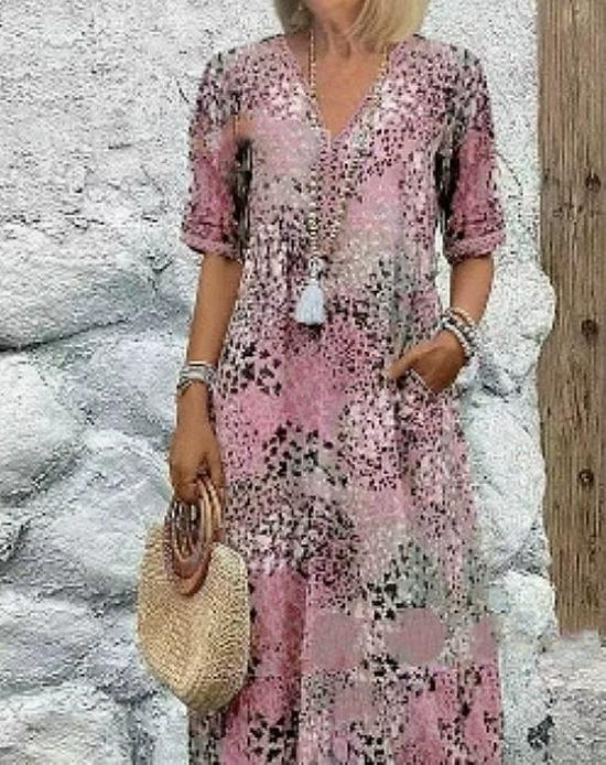 2025 European & American Fashion V-Neck Lace Print Short Sleeve Dress