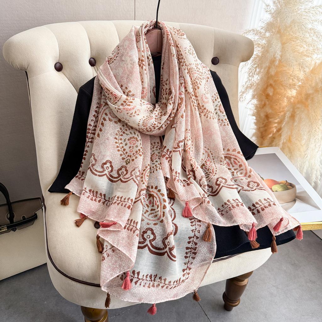 Cross Border New Elegant Versatile Paisley Cashew Print Scarf Women Handmade Hanging Beard Cotton Linen Shawl Thin Long