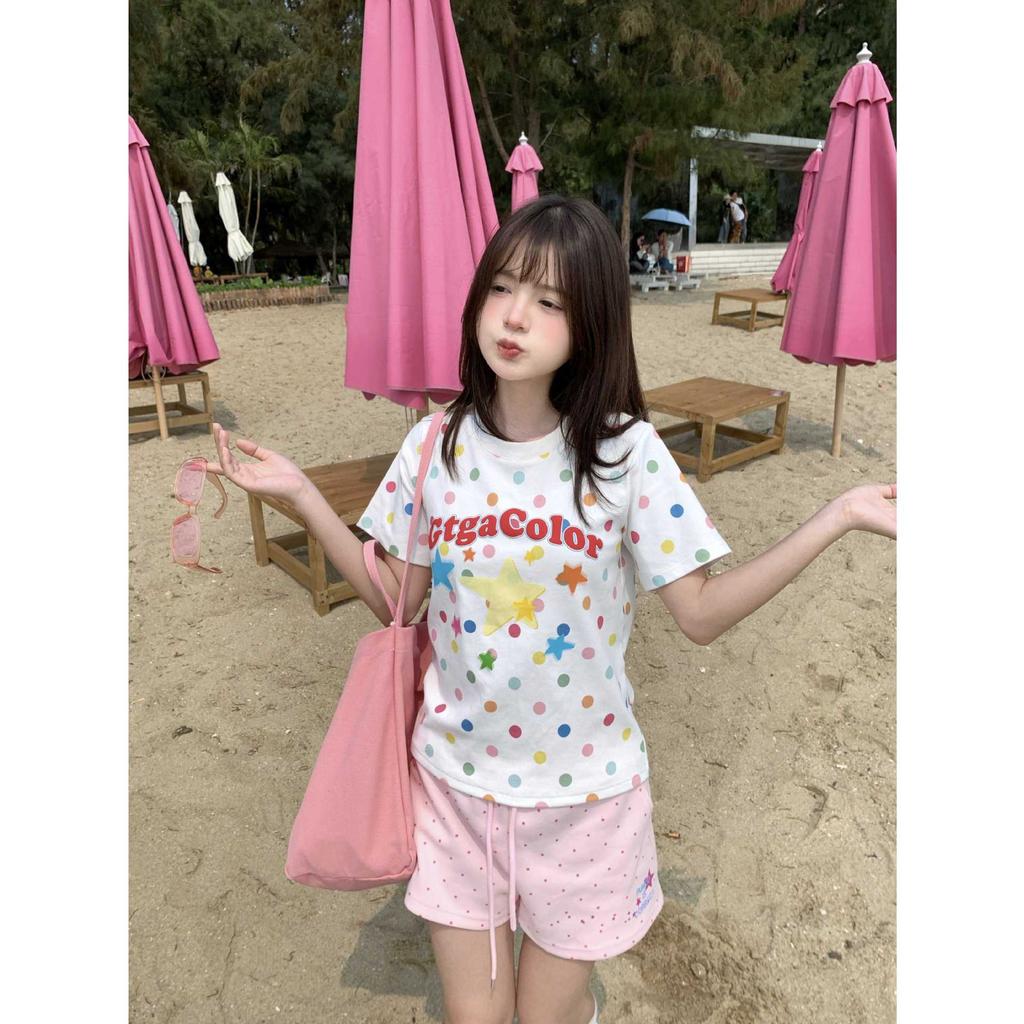 Dopamine Polka Dot American Sweet Spice Girl Short Sleeve T-Shirt ins Slim Front Shoulder Personality Printed Design Top Versatile