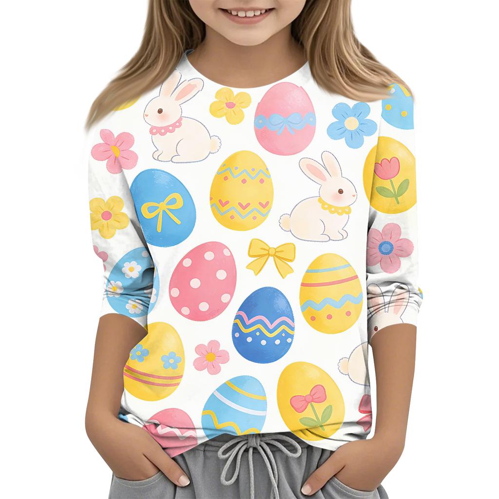 Children's Seven Quarter Sleeve Easter Print Round Neck Print Casual Top