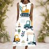 Women Plus Size Round Neck Sleeveless Cartoon Construction Vehicle Printed A Line Long Dress With Pockets
