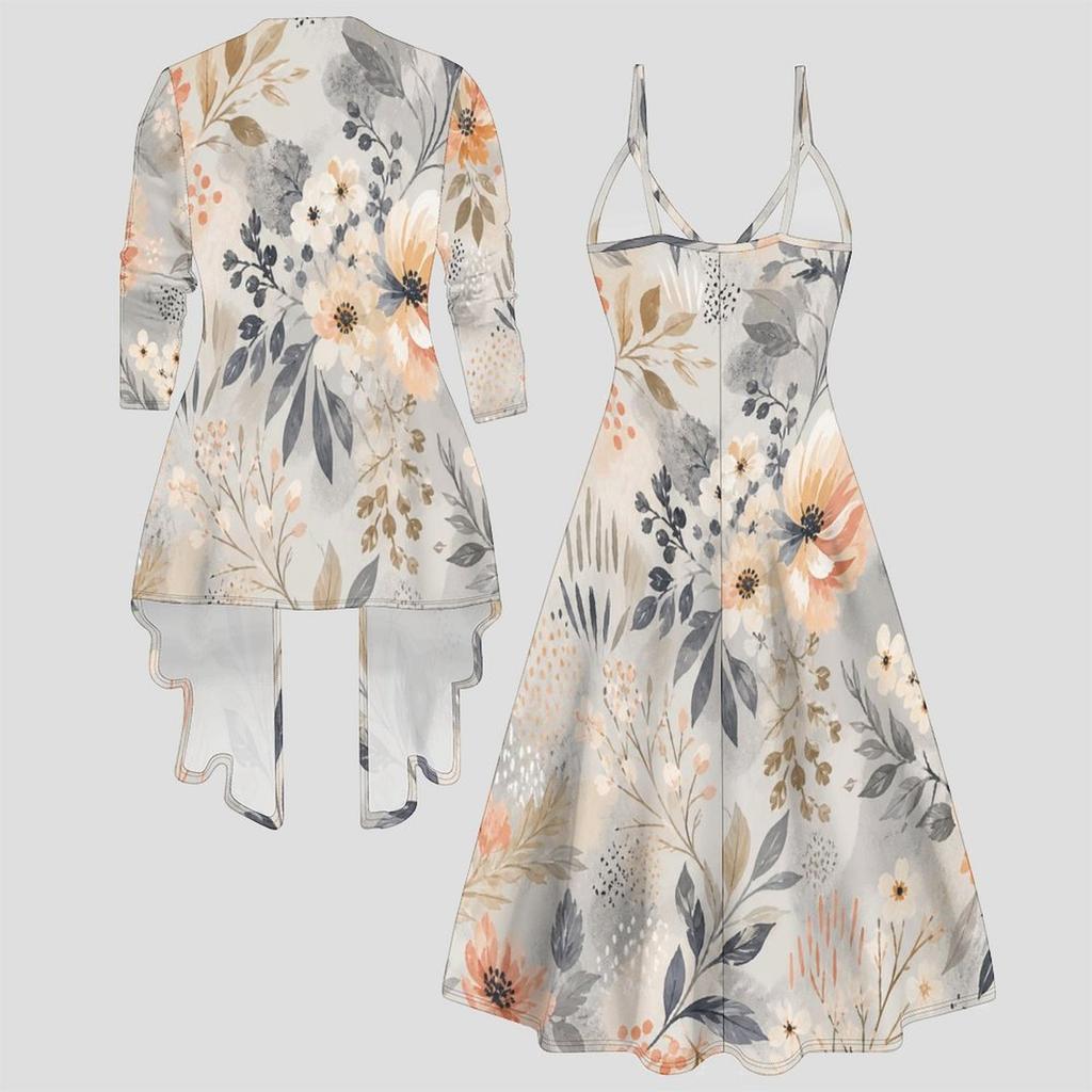 Women Plus Size Two Piece Outfit Long Sleeve Open Cardigan Cami Maxi Dress