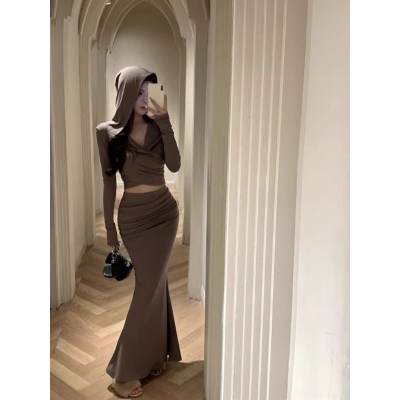 Kumikumi Pure Desire Style Set Hood Chic Long sleeves Shirt Women Autumn Slim fit Slimming Sheath Skirt Two-piece Set