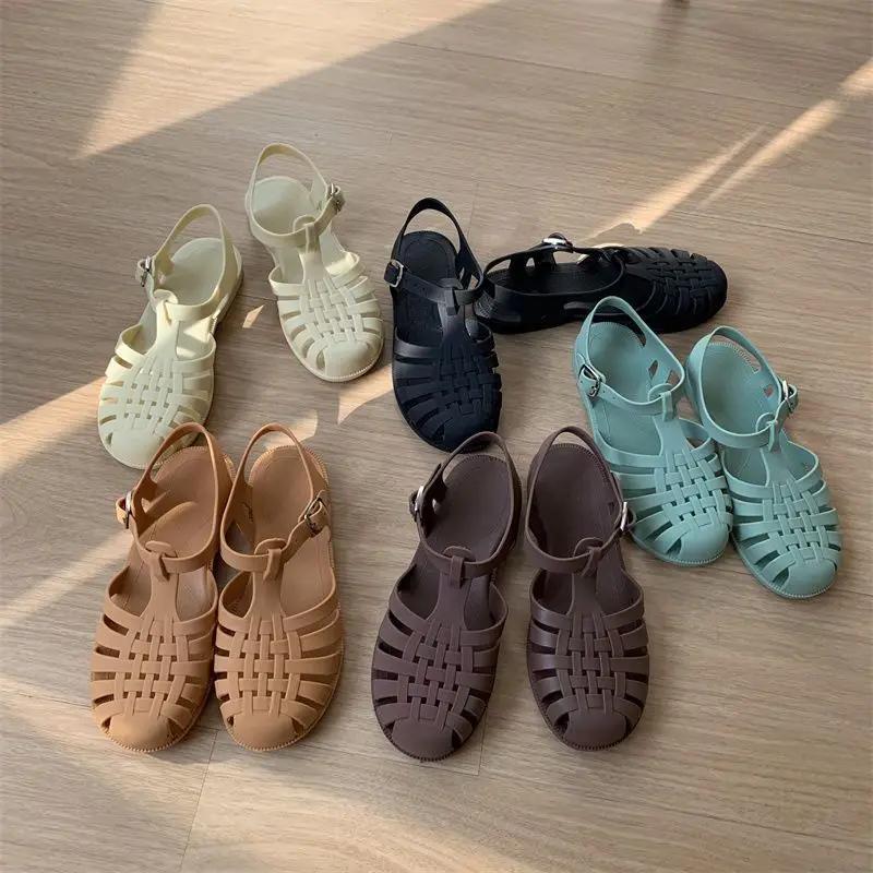 Green Fashion Casual Anti-Slip Flat Bottom Jelly Shoes Women Summer Student Retro Fairy Style Hollow Woven