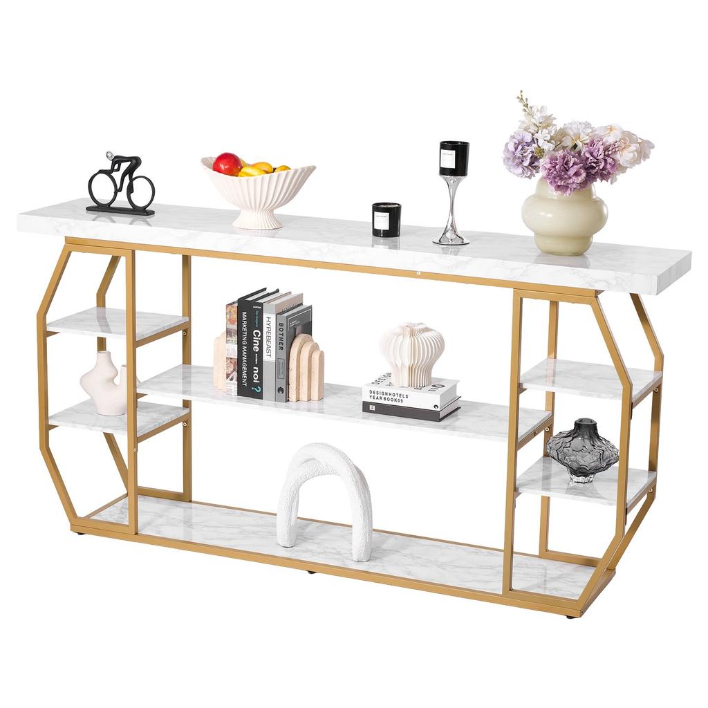 VEVOR Marble Console Table, 3 Tiers Modern Console Table for Open Storage, Golden Geometric Table with Iron Tubes