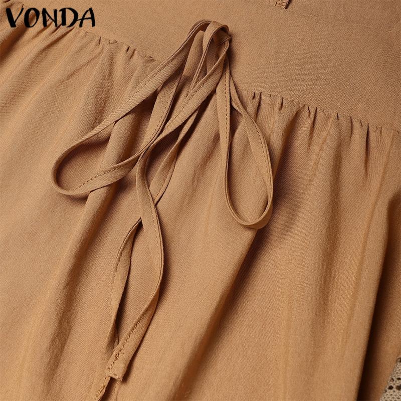 VONDA Elegant Women Square Collar Puff Sleeve Crochet Patchwork Casual Blouse