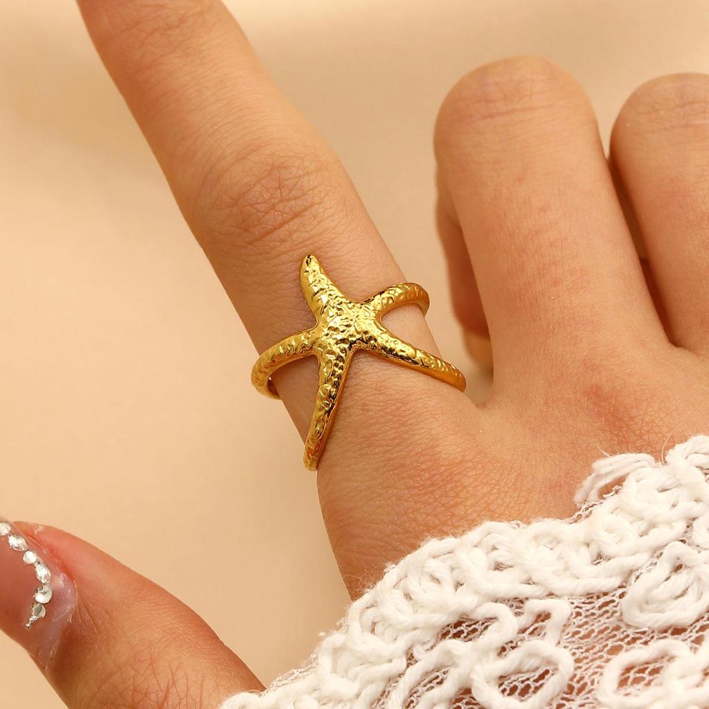 Stainless Steel Starfish & Seashell Open Ring - Ocean Holiday Style Jewelry for Women