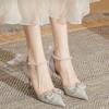 Women's High Heel Sandals 2025 Spring/Summer New Style Pointed Bow Pearl Fine Heel Shoes French Crystal Wedding Shoes