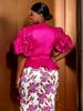 Plus Size Women's Rose Red Puff Sleeve Heart-Neck Ruffle Top