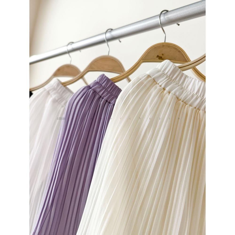 Dimanaf 2025 Summer Women New Skirts Chiffon Solid Lace Pleated Elastic Waist Mesh Elegant Skirts