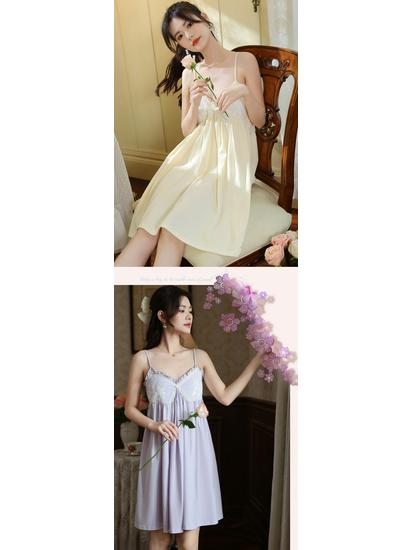 Court Style Lace Camisole Nightgown with Bra Pads - Sexy Cotton Long Sleep Dress for Women